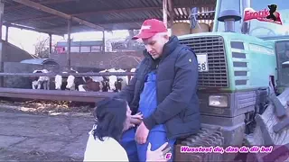 Black-haired German in stockings fucks farmer in hay