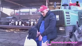Black-haired German in stockings fucks farmer in hay